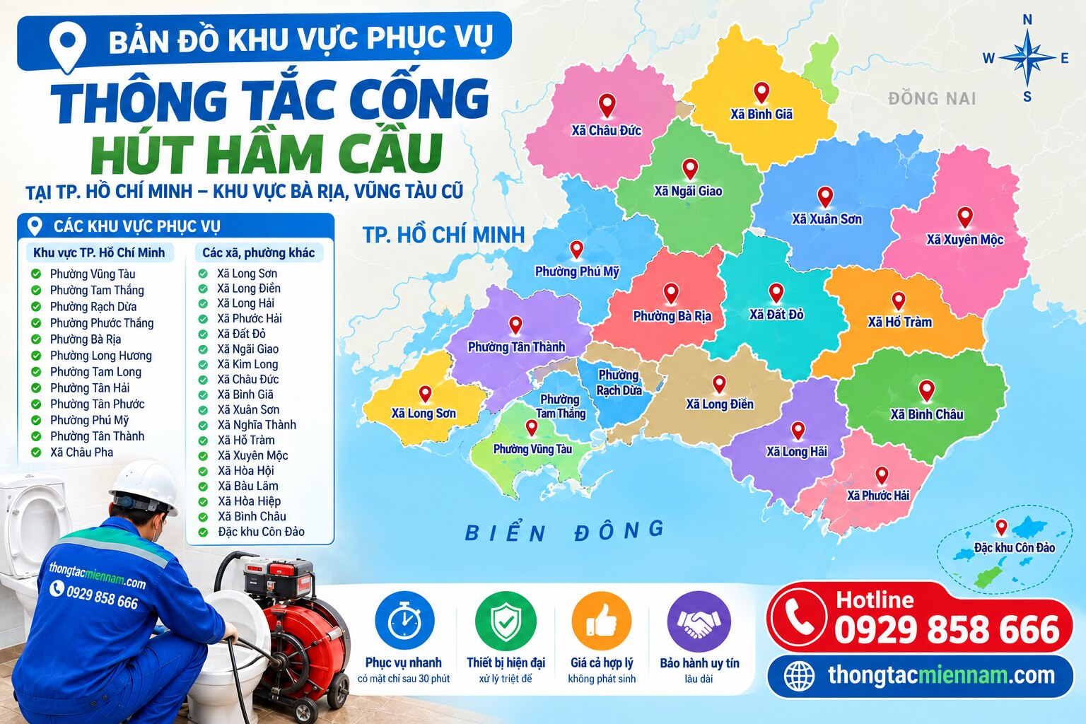 Bản đồ khu vực phục vụ thông bồn cầu, thông cống, hút hầm cầu tại TP. Hồ Chí Minh, khu vực Bà Rịa - Vũng Tàu cũ