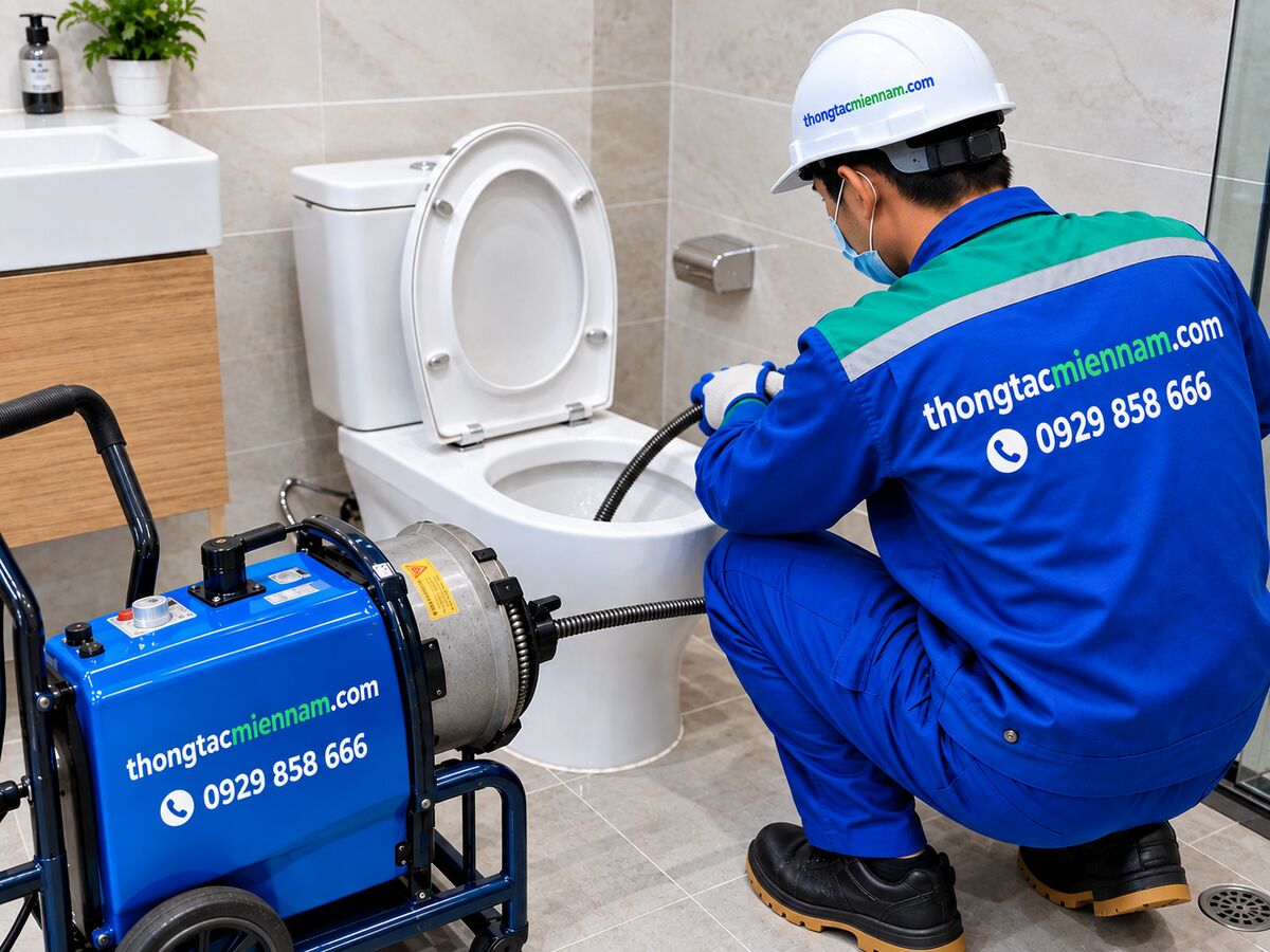 Kỹ thuật viên thongtacmiennam.com thông bồn cầu bằng máy chuyên dụng