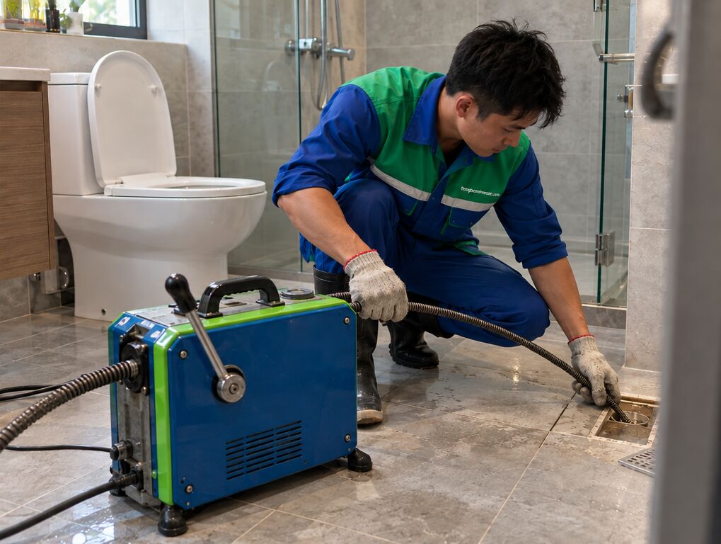 Thợ thông cống thoát sàn bằng máy chuyên dụng tại Đất Đỏ